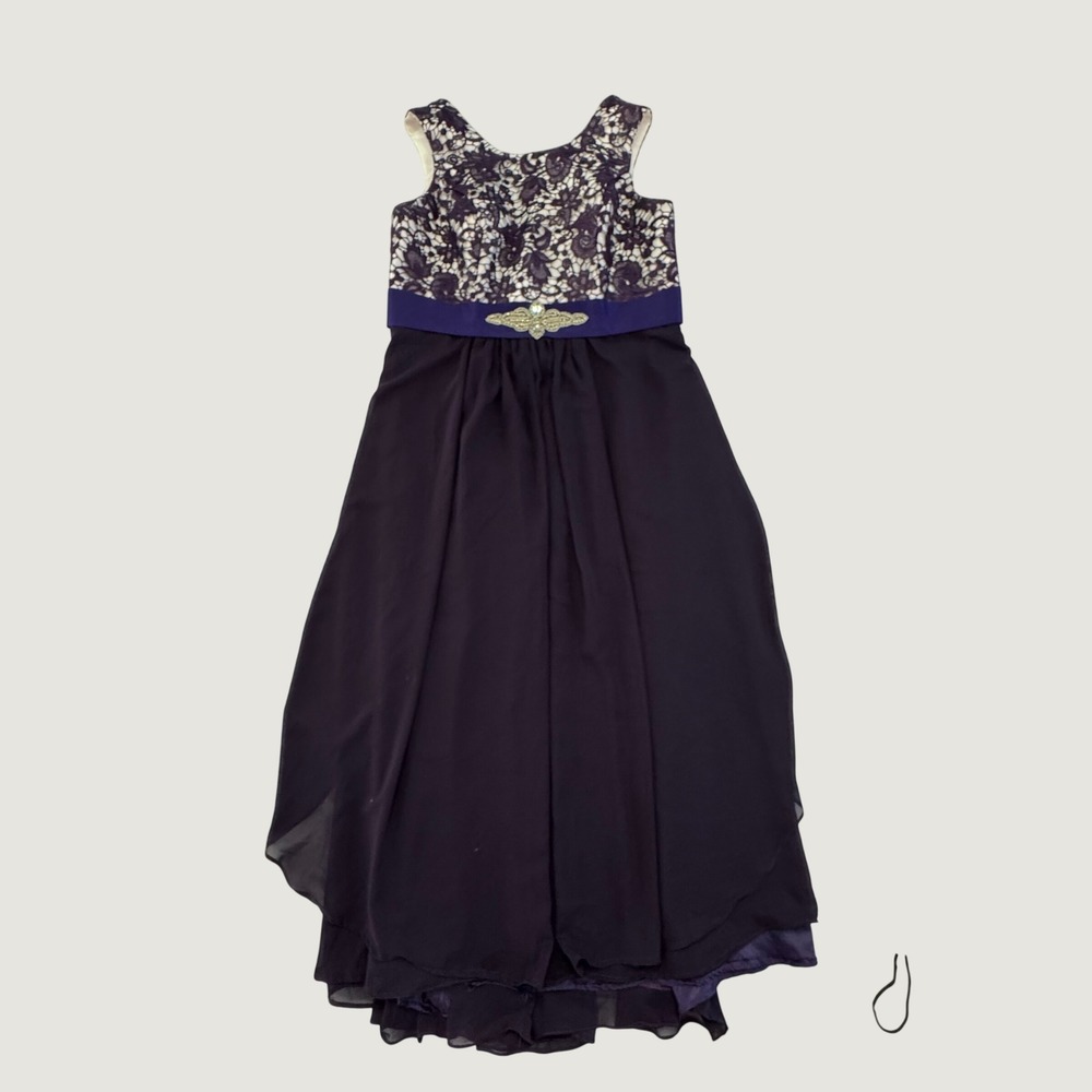 Women's XXL Purple Lace Chiffon Formal Maxi Dress Jeweled Waist Evening Gown
